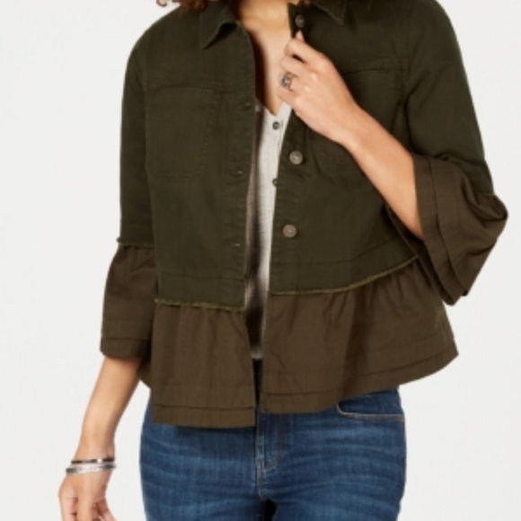 Style & Co. Jackets & Blazers - Style & Co Olive Green Ruffled Denim Jacket XL